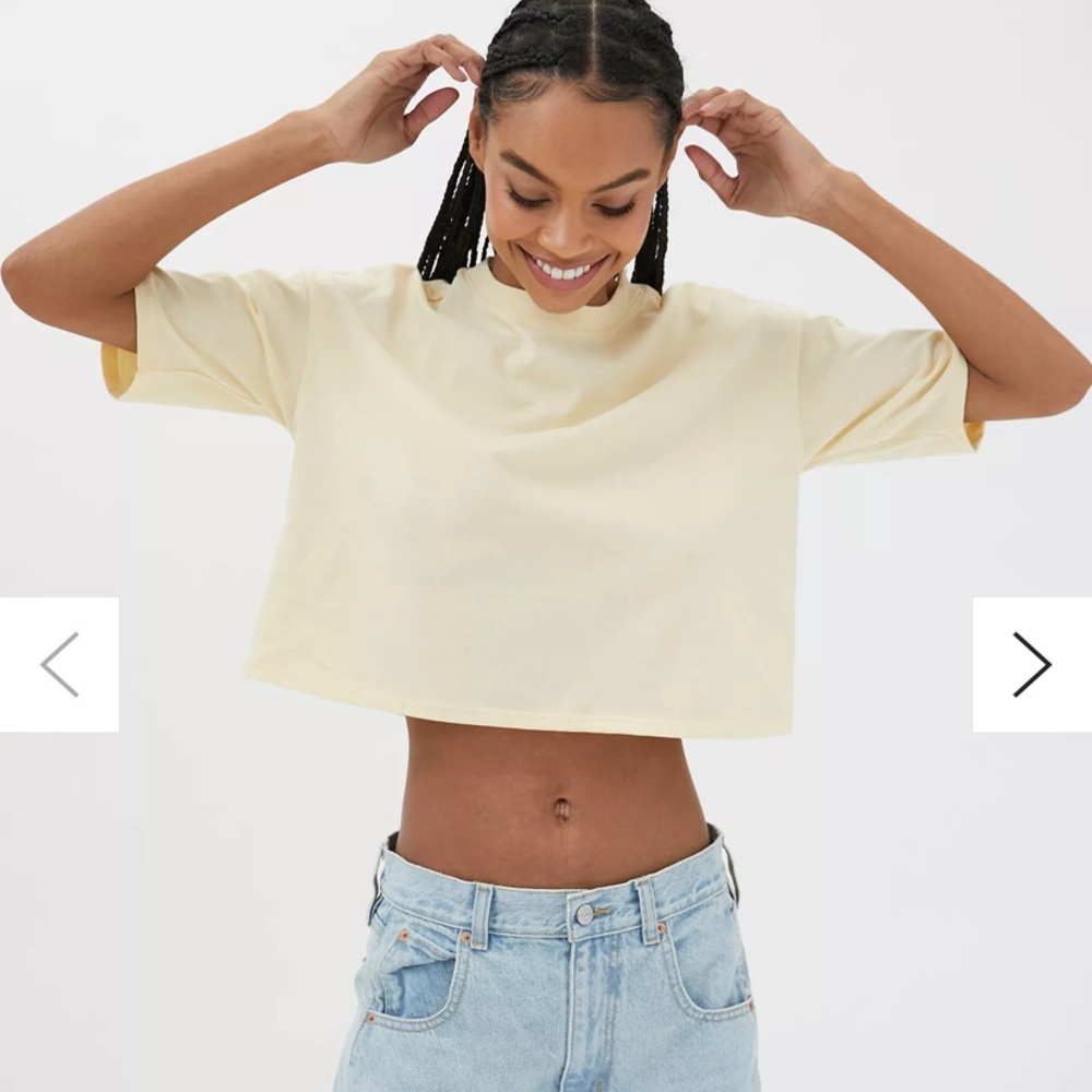 Urban Renewal Yellow Short Sleeve Boxy Crop Top with Mandarin Collar